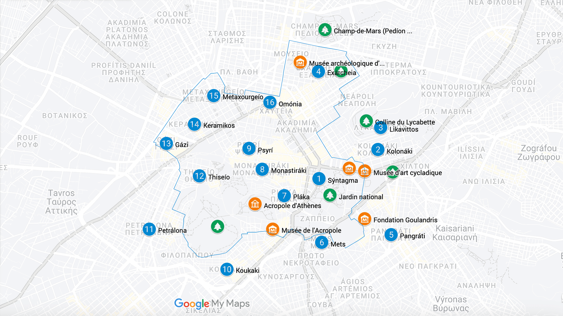 Plan des quartiers, des musées et des parcs d'Athènes