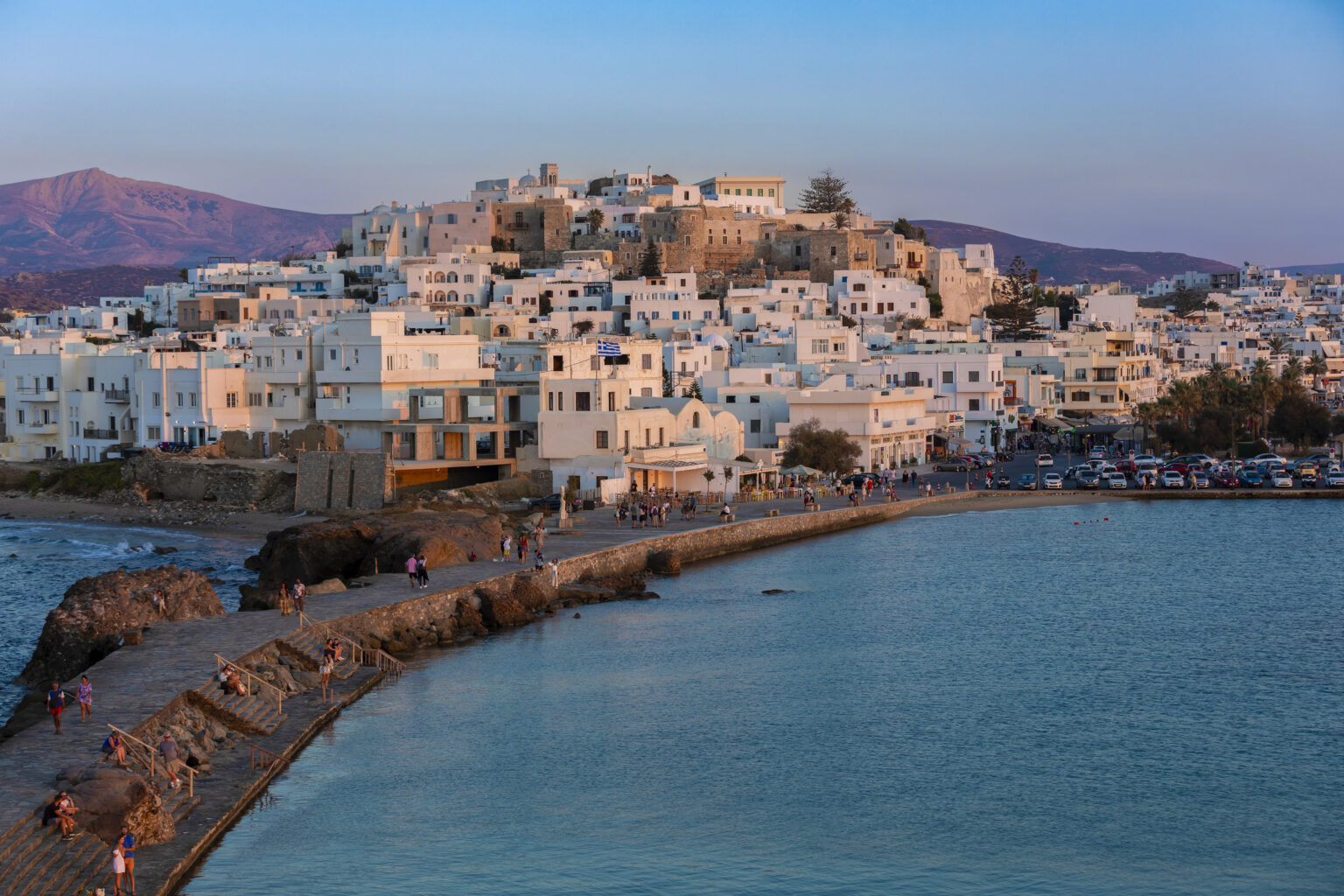 Vue sur la Chora de Naxos dans les Cyclades depuis la mer