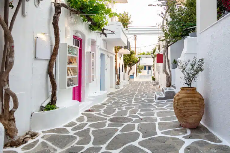 Cyclades. Ile de Paros. Petite rue de Paros avec les maisons blanche et les bougainvilliers. Village de Naoussa